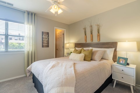 A bedroom with a large bed, a ceiling fan, and a window with blinds.
