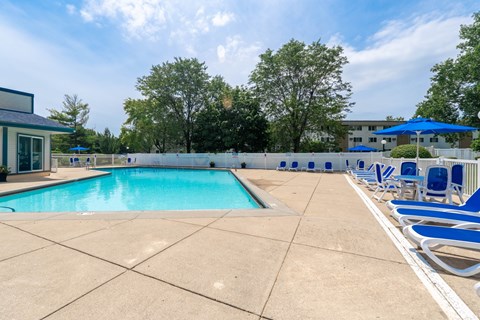 A large outdoor swimming pool surrounded by blue lounge chairs.