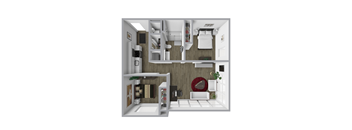 A 3D rendered image of a modern apartment layout.