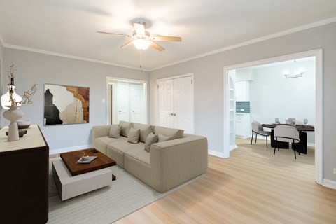 A living room with a couch, a coffee table, and a dining table.