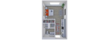 A 3D rendered image of a small apartment layout.