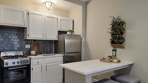 A kitchen with a stove, refrigerator, and a table with a plant on it.