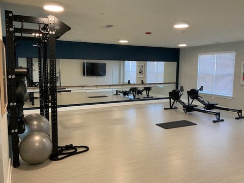a fitness room with weights and exercise balls and a television