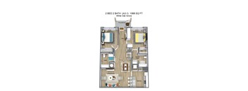 BED 2 BATH (A2-1) 1068 SQ FT - White Oak Grove - 3D Floor Plan