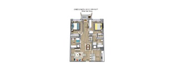 2 BED 2 BATH (A2-2) 1096 SQ FT - White Oak Grove - 3D Floor Plan