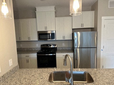 a kitchen with a sink and a stove and a refrigerator