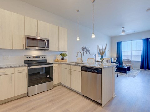 a kitchen with stainless steel appliances and a counter top