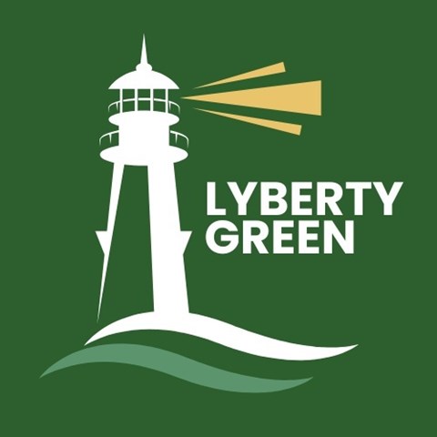 A logo with a lighthouse and the words "Liberty Green" on a green background.