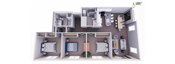 A 3D rendered image of a small apartment layout.