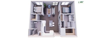 A 3D rendered image of a small apartment layout.