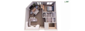 A model of a house with a kitchen, living room, and bedroom.
