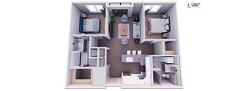 A 3D image of a small apartment layout with a living room, kitchen, and two bedrooms.