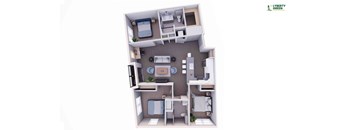 A 3D floor plan of a small apartment with a kitchen, living room, and two bedrooms.