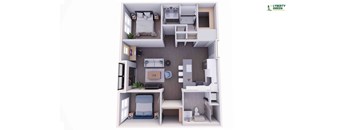 A 3D floor plan of a small apartment with a bedroom, living room, and kitchen.
