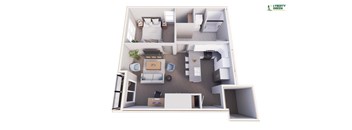 A top-down view of a room layout with a bed, desk, and kitchen area.
