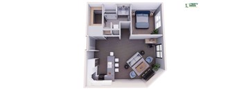 A 3D rendered image of a small apartment layout.