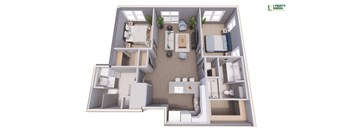 A 3D floor plan of a house layout with a kitchen, living room, and bedrooms.