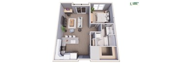 A 3D floor plan of a small apartment with a living room, kitchen, and bedroom.