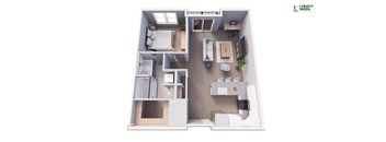 A floor plan of a small apartment with a kitchen, living room, and bedroom.
