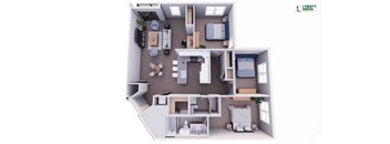 A 3D floor plan of a small apartment with a kitchen, living room, and bathroom.