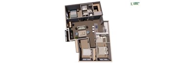 A cutaway diagram of a house showing the layout of the rooms.