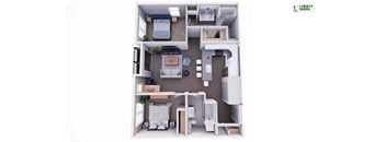 A 3D floor plan of a small apartment with a kitchen, living room, and bathroom.