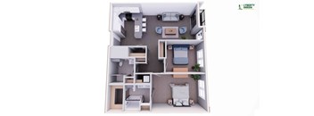 A model of a house layout with a kitchen, living room, and bathroom.