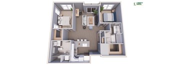 A 3D floor plan of a small apartment with a kitchen, living room, and bathroom.