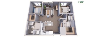 A 3D rendered image of a house layout with a kitchen, living room, and two bedrooms.