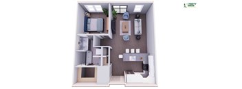 A small room with a bed, desk, and shelves.