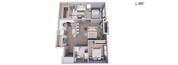 A 3D rendered image of a small apartment layout.