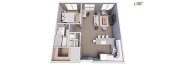 A 3D floor plan of a home interior with a kitchen, living room, and bathroom.