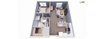 A 3D floor plan of a house layout with a kitchen, living room, and two bedrooms.