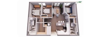 A model of a small apartment with a kitchen, living room, and bathroom.