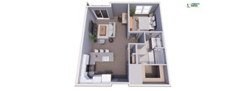 A 3D floor plan of a small apartment with a kitchen, living room, and bathroom.