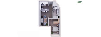 A floor plan of a small apartment with a bedroom, living room, and kitchen.