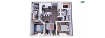 A 3D floor plan of a small apartment with a kitchen, living room, and bathroom.