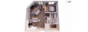 A 3D floor plan of a small apartment with a kitchen, living room, and bathroom.