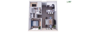 A small, well-organized apartment with a bedroom, bathroom, and kitchenette.