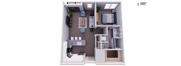 A 3D rendering of a small apartment layout with a kitchen, living room, and bathroom.