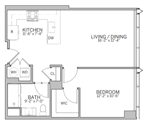 A floor plan of a small apartment with a kitchen, living room, bedroom, bathroom, and a closet.