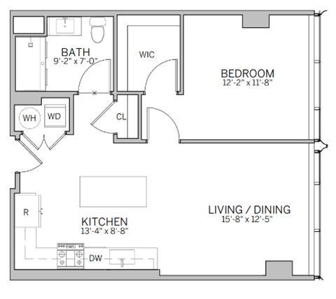 A floor plan of a house with a living room, kitchen, bedroom, and bathroom.