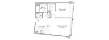 A floor plan of a room with a bedroom, bathroom, kitchen, and living/dining area.