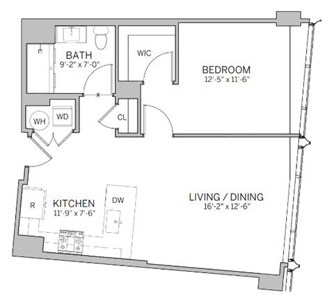 A floor plan of a room with a bedroom, bathroom, kitchen, and living/dining area.