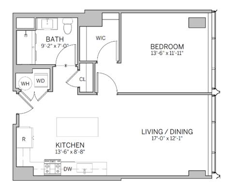 A floor plan of a small apartment with a living room, kitchen, bedroom, and bathroom.