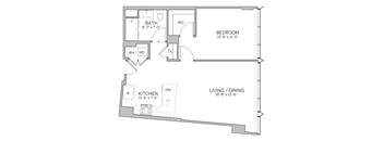 A floor plan of a small apartment with a living room, kitchen, bedroom, and bathroom.