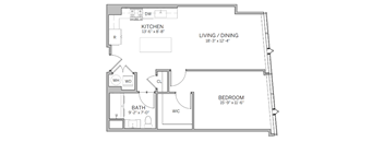 A floor plan of a house with a kitchen, living/dining area, bedroom, and bathroom.