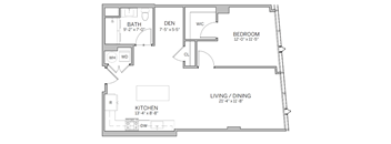 A floor plan of a house with a living room, kitchen, bedroom, and bathroom.