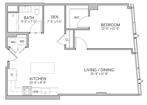 A floor plan of a house with a living room, kitchen, bedroom, and bathroom.