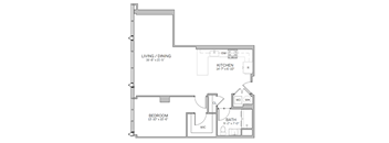 A floor plan of a house with a living/dining area, kitchen, bedroom, and bathroom.
